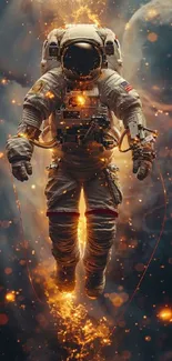 Astronaut surrounded by cosmic flames in space.