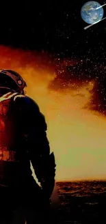 Astronaut gazing at Earth from fiery alien landscape under space sky.