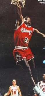 Basketball player executing an impressive slam dunk on the court.