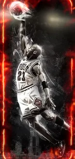 Basketball player dunk mobile wallpaper with urban silhouette background.