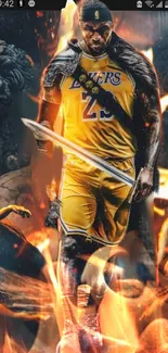 Epic wallpaper with basketball warrior and fiery background.