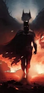 Epic Batman walking through fire wallpaper with strong contrasts.