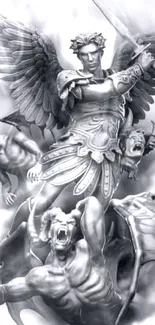 Detailed grayscale wallpaper of an angel battling creatures.