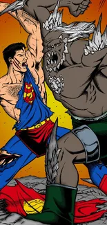 Superhero battles monster in epic comic art scene with bright colors.