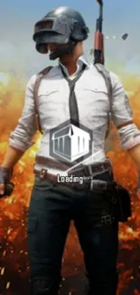 Epic battle game wallpaper with warrior amidst explosions.