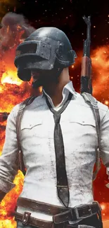 Soldier with helmet amidst explosions, gaming wallpaper.