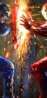 Two superheroes clash in an epic, fiery battle with vibrant colors.