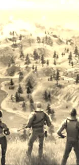 Four adventurers overlook a vast sepia-toned battlefield.