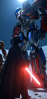 Epic scene with robots and a cloaked figure in a sci-fi setting.