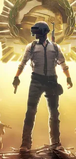 Epic battle royale character wallpaper with golden hues