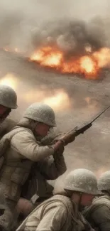 Epic battle scene with soldiers advancing amidst explosions.