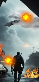 Epic battle with soldier, tank, and explosions in urban setting.