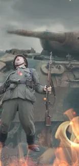 Epic scene with soldier & tank in battle engulfed by flames.