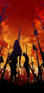 Silhouette of warriors against a fiery red sky in dramatic phone wallpaper design.