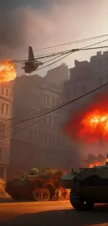 A dramatic urban scene with tanks and explosions at dusk.