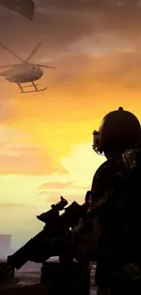 Silhouette of soldier and helicopter at sunset in dramatic battle scene.