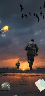 Epic battlefield artwork with soldier at sunset, planes, and dramatic sky.