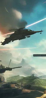 Epic battle scene with jets and tanks under a dramatic sky.