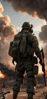 Soldier in explosive battlefield with smoke clouds.