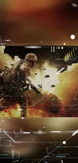 Soldier in battle with fiery explosion and parachutes in dramatic mobile wallpaper.