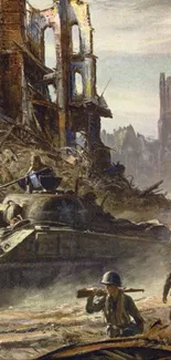 Epic battlefield scene with ruins, tanks, and soldiers in action.