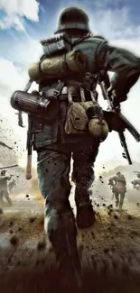 Dynamic image of a soldier in a battlefield scene, running with full gear.