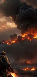 Soldier stands amid fiery explosions with dramatic skies on a battlefield.