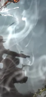 Soldiers in battle with swirling smoke in the background.