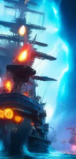 Epic battleship sailing through fiery and vibrant ocean waves.