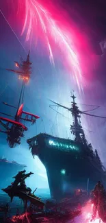 Epic fantasy battleship over a dynamic ocean under a vibrant sky.