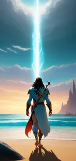 Epic fantasy beach wallpaper with a heroic figure and dramatic lightning.