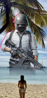 A digital artwork showcasing a game character on a beach with palm trees and ocean backdrop.