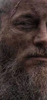 Rugged bearded warrior with intense expression in gray-brown tones.