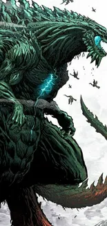 Epic artwork of a green mythical beast in a dynamic pose.