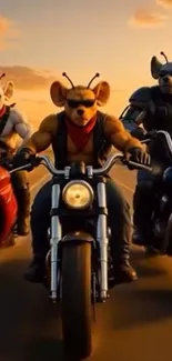 Anthropomorphic animals ride motorcycles at sunset.