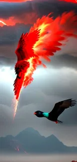 Fiery bird descends from stormy clouds in a fantasy landscape.