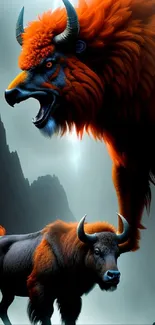 Epic artwork of a fiery orange bison in a fantasy landscape for mobile wallpaper.