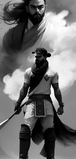 Black and white warrior art wallpaper with epic and heroic themes.