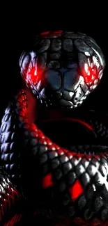 Fierce black snake with glowing red eyes on dark background.