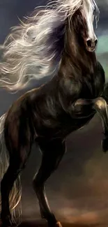 Majestic black stallion rearing with flowing mane.