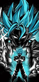 Anime character with blue hair in powerful pose on dark background.