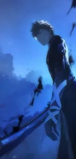 Epic blue-themed anime warrior mobile wallpaper.