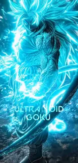 Anime warrior with blue energy aura and cosmic background.