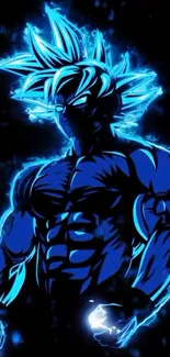 Blue aura warrior with electric energy on phone wallpaper.