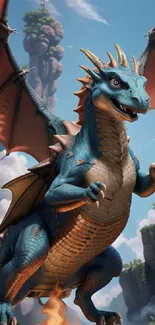 Epic blue dragon soaring in the sky.