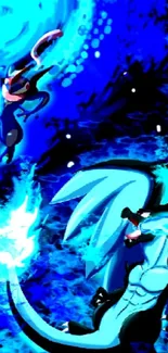 Anime wallpaper with blue creatures in battle.