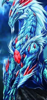 Epic blue dragon illustration on fantasy wallpaper.