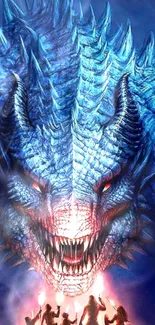 Epic blue dragon breathing fire in a mystical fantasy setting.