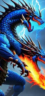 Epic blue dragon with lightning and fire in vivid digital art wallpaper.