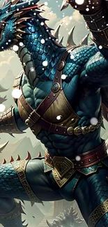 Epic blue dragon warrior artwork in a fantasy setting.